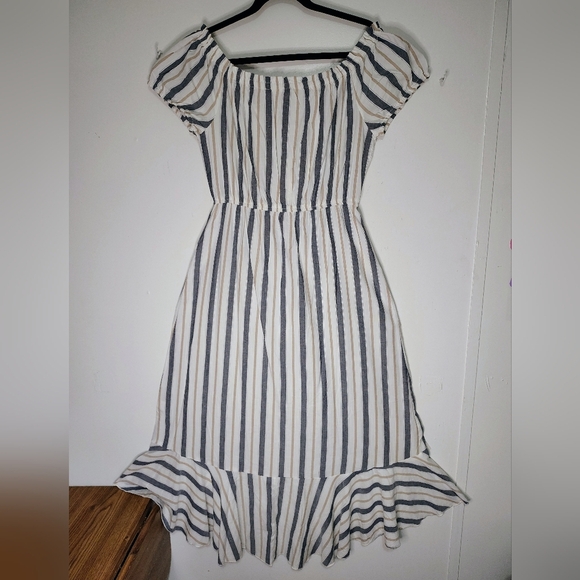 off-shoulder midi dress asymmetrical ruffle vertical lines, large, cotton blend. - Picture 4 of 16